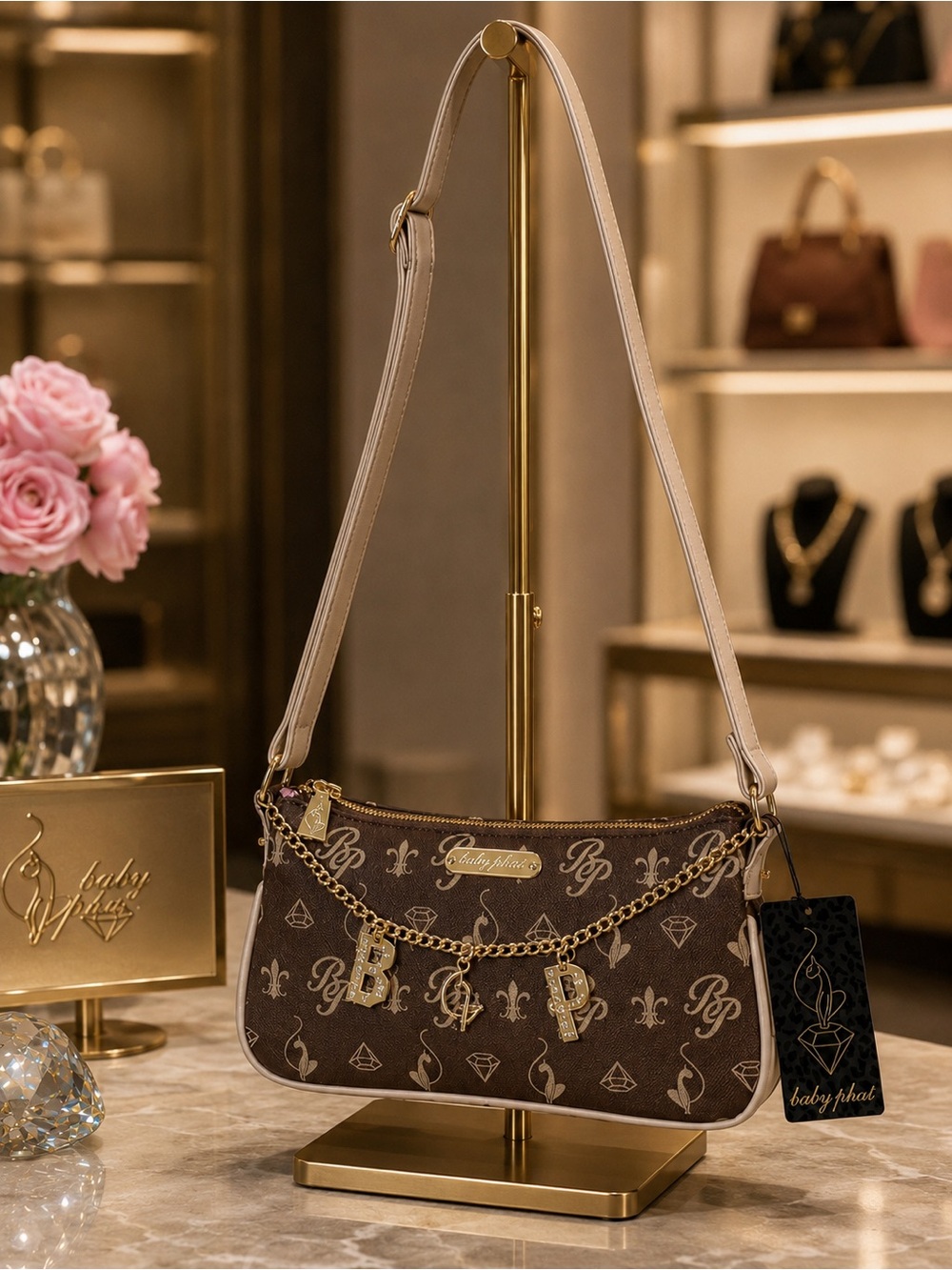 Baby Phat Y2K Brown Monogram Shoulder Bag with Gold Chain Charms